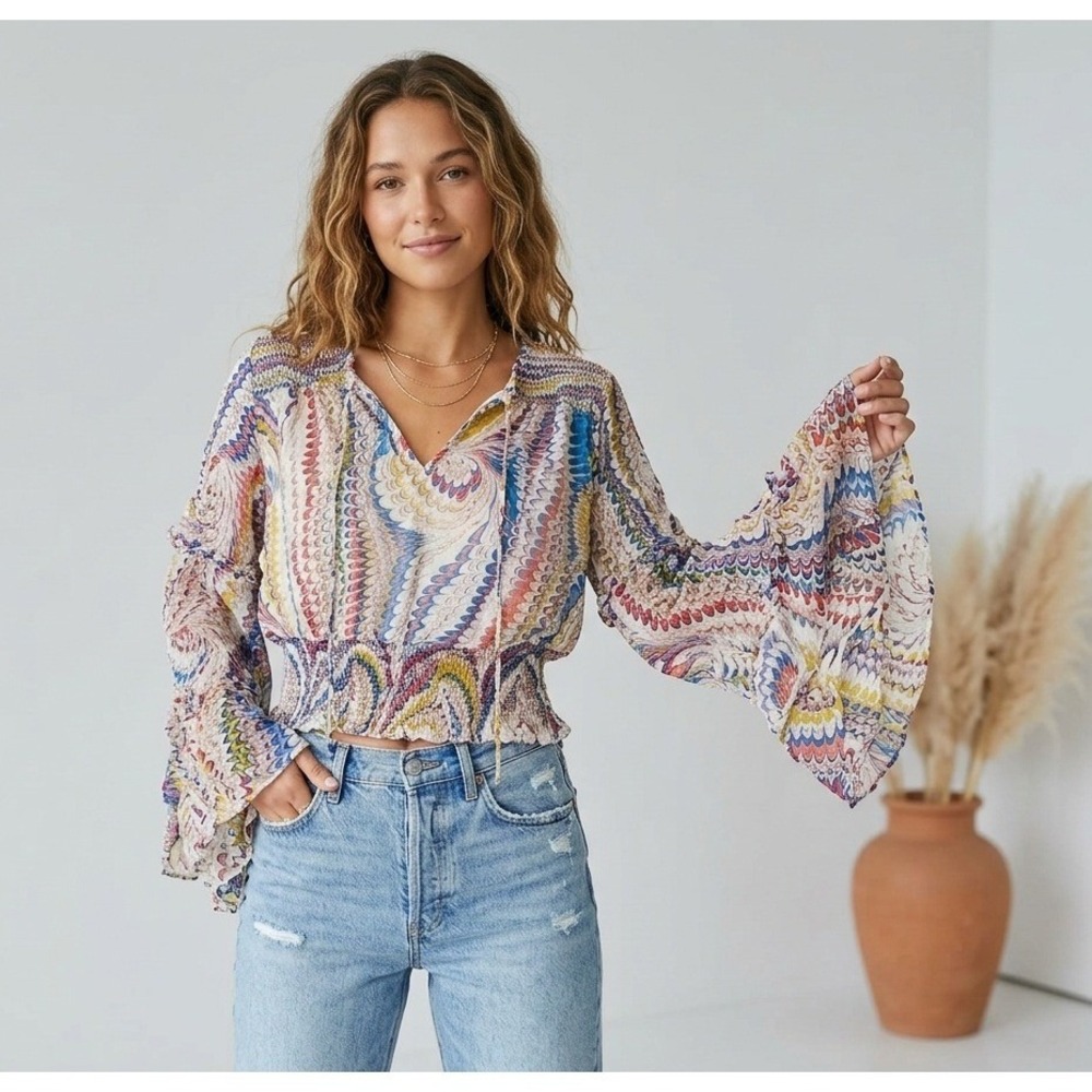 Maeve Anthropologie Women Top Marbled Peacock Print Smocked Ruffle Bell Sleev XS